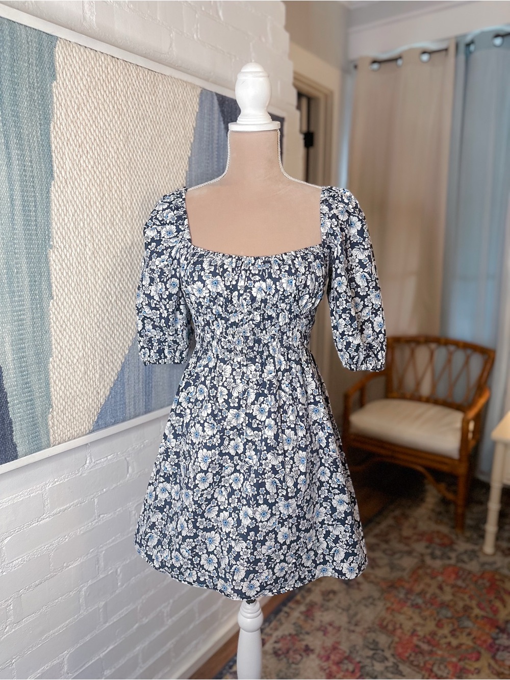 Altar'd State Navy and Blue Floral Puff Sleeve Dress